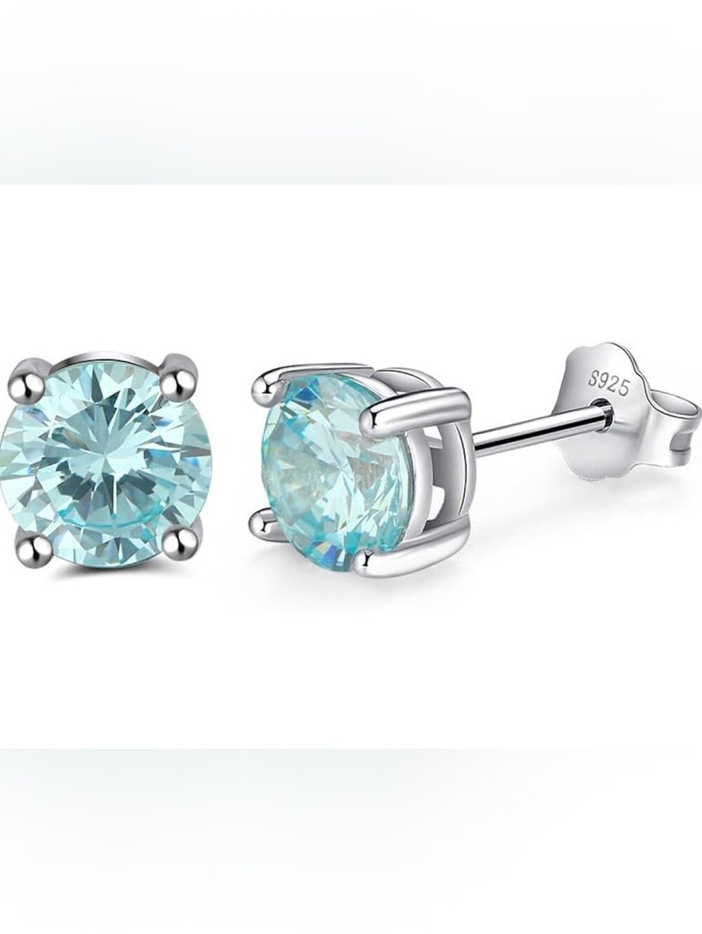 925 Sterling Silver Light Blue Round Cut Cubic Zirconia Stud Earrings